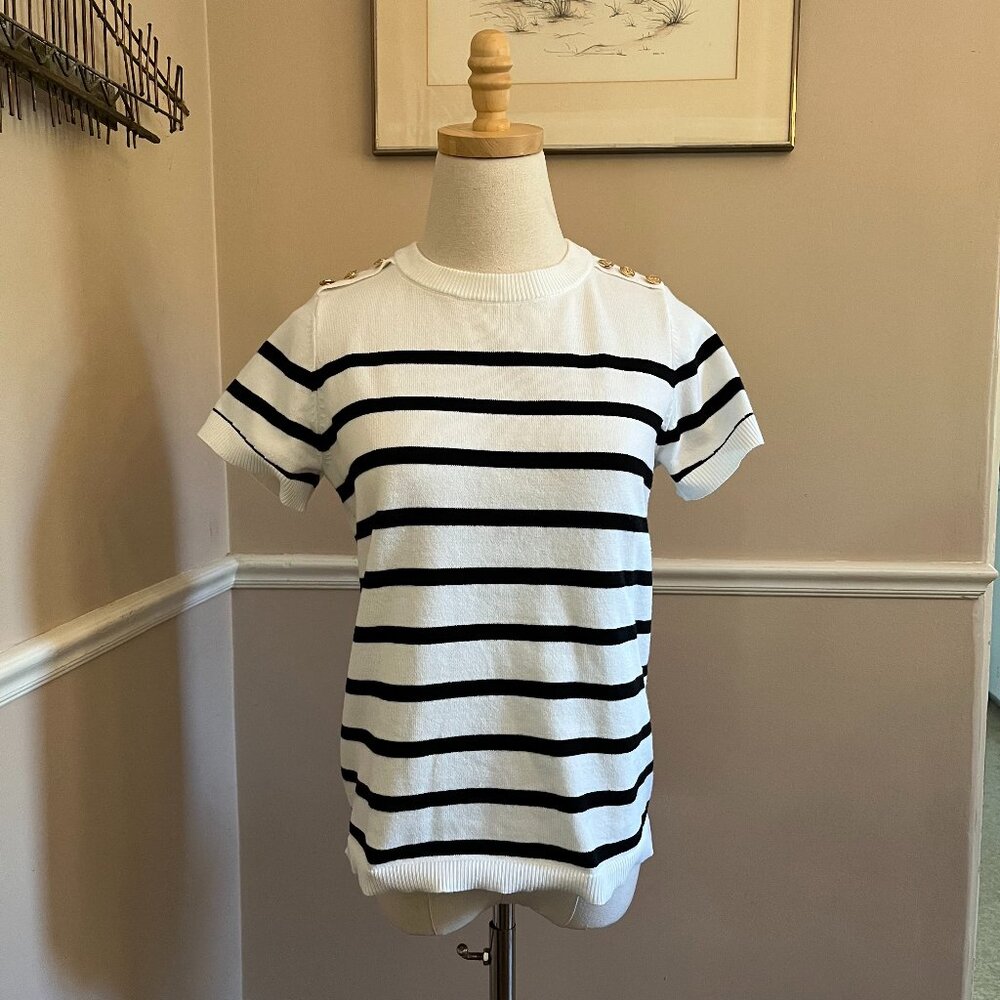 Emerson Lang Black/White Stripe Short Sleeve Sweater  Medium